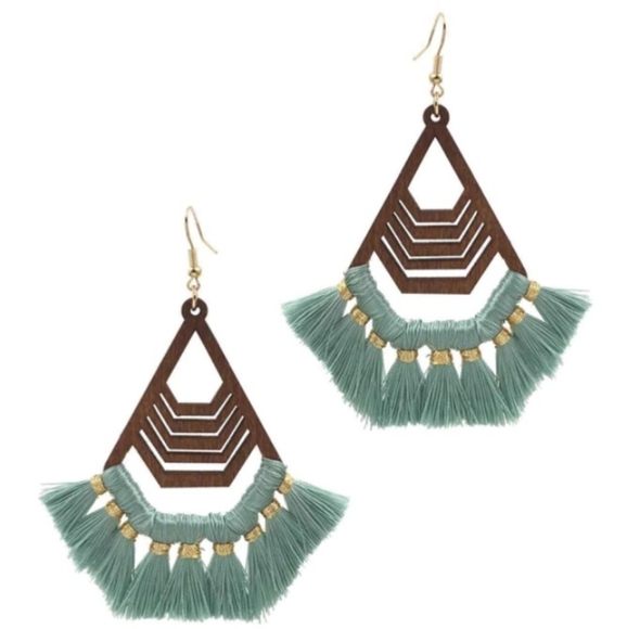 Private Label Jewelry - Wooden Chevron Bohemian Green Fringe Tassel Earrings